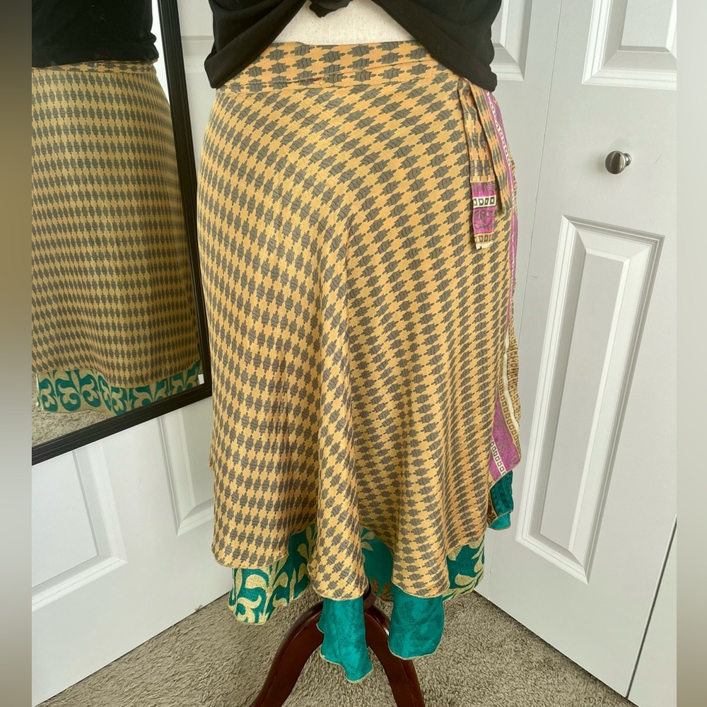 Darn Good Yarn Reversible Sari Wrap Skirt - Yellow, green, pink